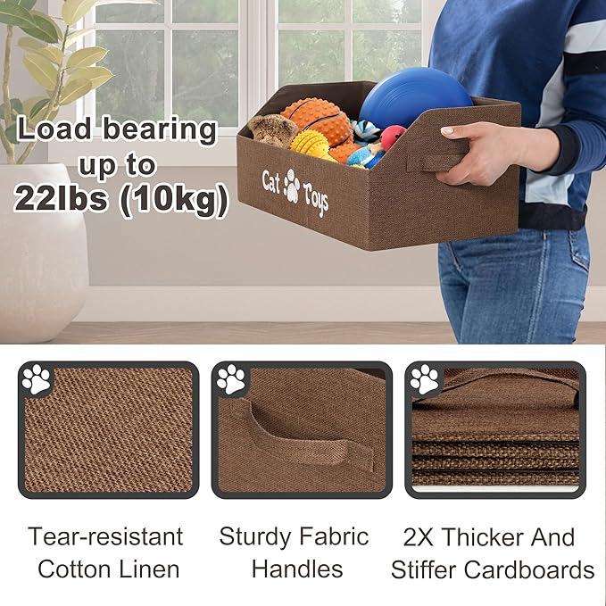 LOVSTORAGE 2X Thicker Large Cat Toy Bin - Collapsible Box, Sturdy Basket, Kitten Storage Bed for Organizing Toys, Treats, Clothes and Accessories (Brown)