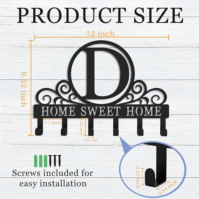 Metal Letter D Key Holder for Wall, Monogram Coat Rack Wall Mount, Key Hooks Perfect for Bathroom, Living Room, Kitchen, Office Ideal Wedding, Anniversary, Housewarming Gift (D)