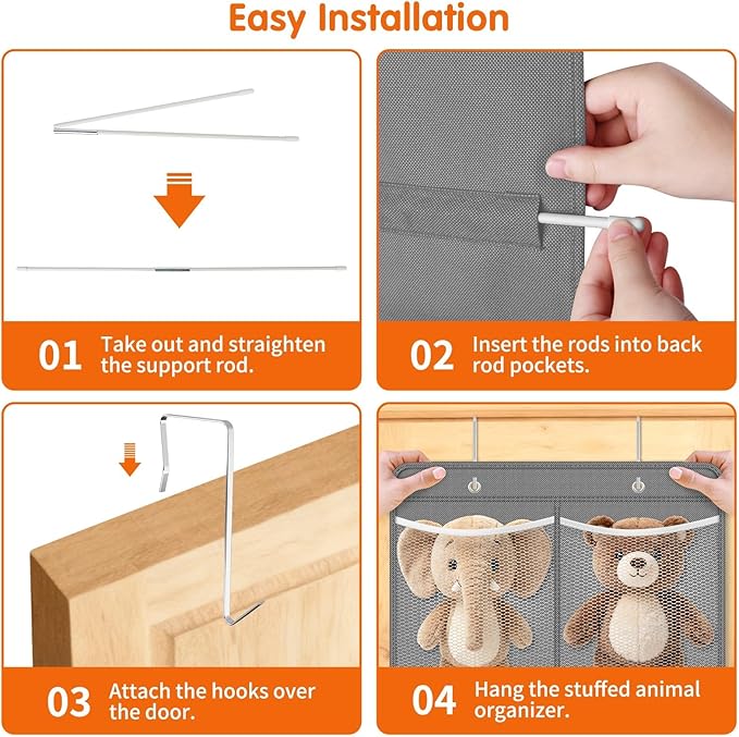Stuffed Animal Storage - Large Over the Door Organizer with 6 Expandable Mesh Pockets & Metal Hooks, Non-Woven Fabric Hanging Plush Items Holder for Nursery, Bedroom, Playroom (Gray)
