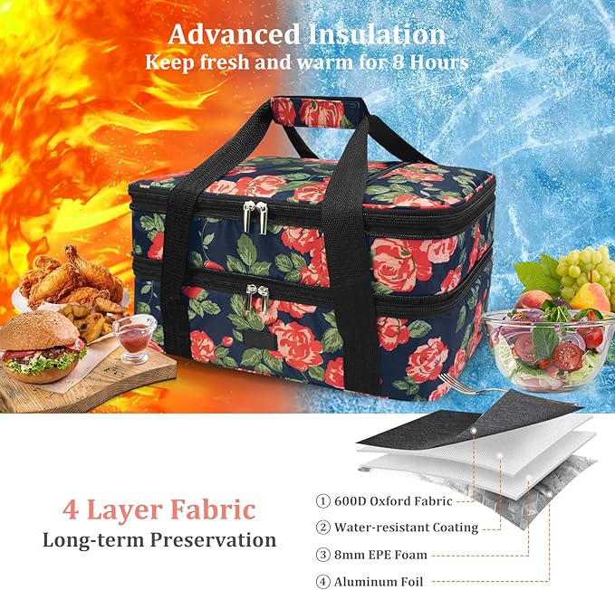 Vuudh Expandable Casserole Carrier Bag - Double Decker Food Bag, Insulated Casserole Carrier for Hot or Cold Food, Lasagna Holder Tote for Picnics,Beaches,Traveling or Gifts