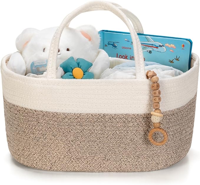 Diaper Caddy Organizer, Empty Gift Basket for Newborn Essentials, Baby Storage Basket, Stylish Gift Bag for Baby Shower, Boys and Girls - Large, White&Beige Brown