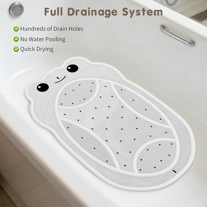 Upgraded Kids Bathtub Mat Non Slip, Low-Odor Natural Rubber Bath Mat with Strong 18mm Suction Cups, Flat Non-Slip Surface, 30"x18" Cute Frog Design, Shower Mat Fast Draining for Smooth Tubs, Beige