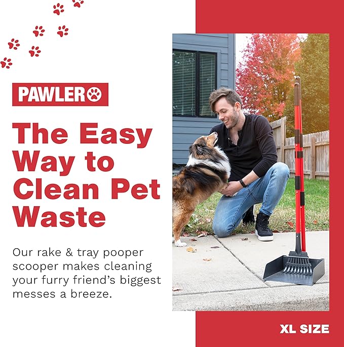 Pawler Pooper Scooper for Large Dogs, Small Dogs and Horses, Metal Poop Scooper Set with Long Handle Rake and Tray for Yard, Grass, Dirt or Gravel, Heavy Duty Aluminum Poop Picker Upper