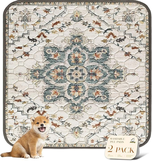 nunubaby Washable Pee Pads for Dogs, Stylish, Non-Slip and Leak-Proof Pee Pads. Reusable Potty Pads for Dogs for Crates and Floors.(Beige/Floral, 54" x54" )