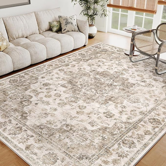 5x7 Washable Neutral Area Rug Brown Vintage Living Room Bedroom Carpet Non-Slip Soft Low Pile Farmhouse Indoor Throw Rug for Dining Room Entryway Office