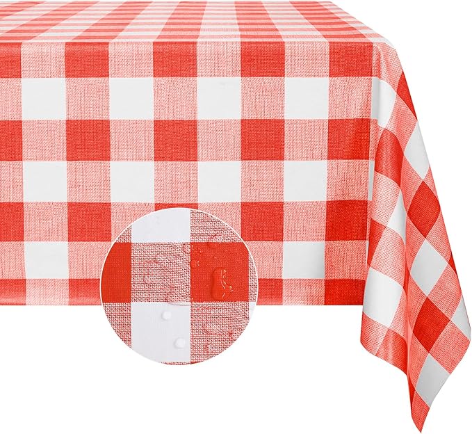 Romanstile Gingham Square Plastic Tablecloth, 100% Waterproof Oil-Proof Checkered PVC Table Cloth, Heavy Duty Vinyl Table Cover for Dining, Camping, Picnic, Outdoor - 54 x 54 Inch, Red and White