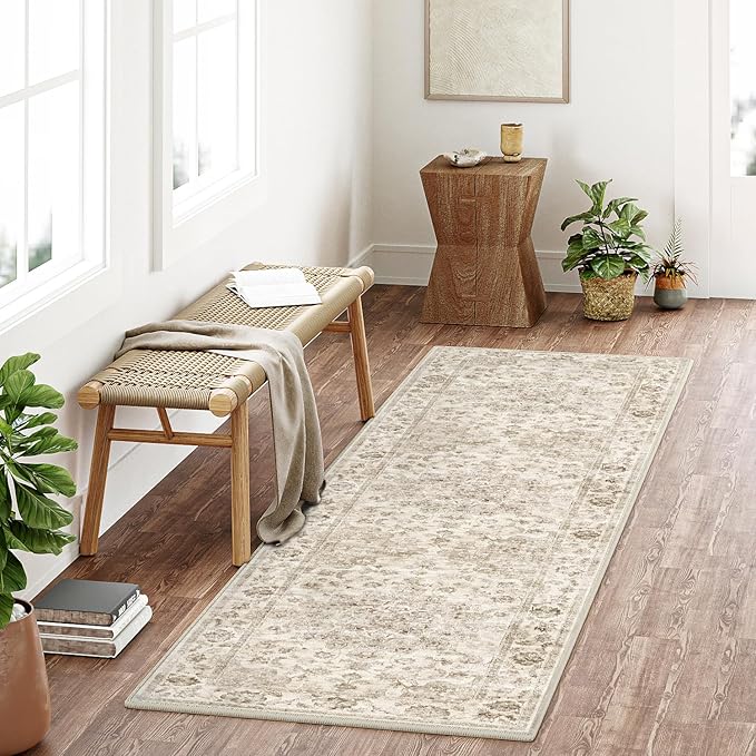 2'6x10 Washable Neutral Runner Rug Beige Vintage Hallway Kitchen Carpet Non-Slip Soft Low Pile Farmhouse Throw Rug for Bedroom Bathroom Laundry Living Room