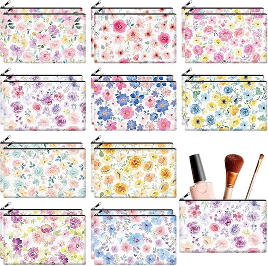Reginary 20 Pieces Watercolor Flowers Cosmetic Bag Bulk for Women Floral Cosmetic Bag Gifts Roomy Flowers Makeup Bags with Zipper Toiletry Bags Pouch Travel Accessory Organizer Gifts, 7 x 4.3 Inches