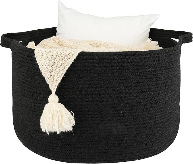 XUANGUO Extra Large Cotton Rope Basket Blankets Basket Living Room 22"x14" Toy Baskets for Kids and Dogs Rope Storage Baskets for Nursery Woven Laundry Baskets for Clothes Towels round black