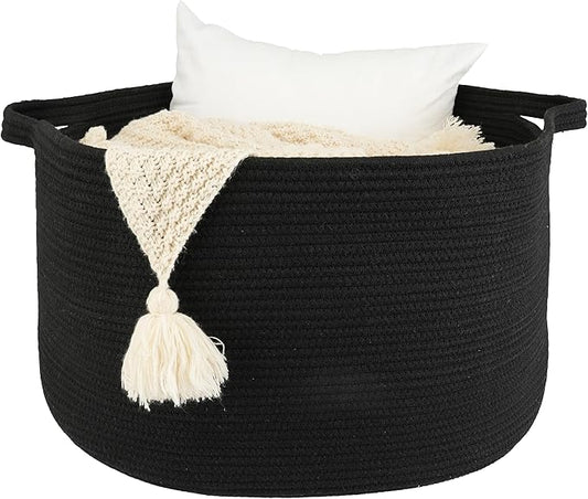XUANGUO Extra Large Cotton Rope Basket Blankets Basket Living Room 22"x14" Toy Baskets for Kids and Dogs Rope Storage Baskets for Nursery Woven Laundry Baskets for Clothes Towels round black