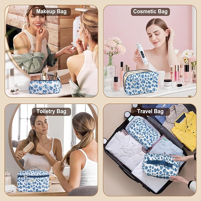 TOPEAST Christmas Gifts for Women Girls - 3Pcs Makeup Bag Large Cotton Travel Make Up Bags, Cute Quilted Floral Cosmetic Organizer Potable Brushes Toiletry Bag Set, Blue Floral