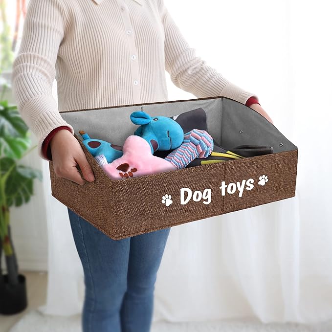 PET ARTIST Sturdy Collapsible Dog Organization and Storage Basket Accessible,Cute Dog Toy Storage with Handles,Dog Toy Box Bin Large for Chew Toys,Clothes,Squeak Toys,Brown