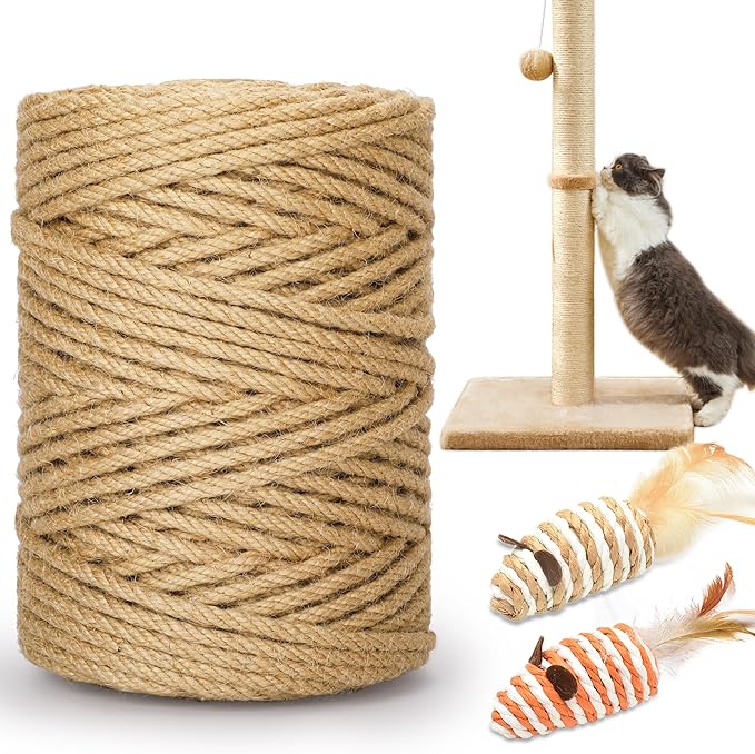 262FT/80M Cat Scratching Sisal Rope, 6mm 1/4inch Thick Natural Jute Rope for Scratch Posts, Cat Trees, DIY Projects, Sisal Rope for Scratcher with 2 Mouse Toys (Natural, 262ft)