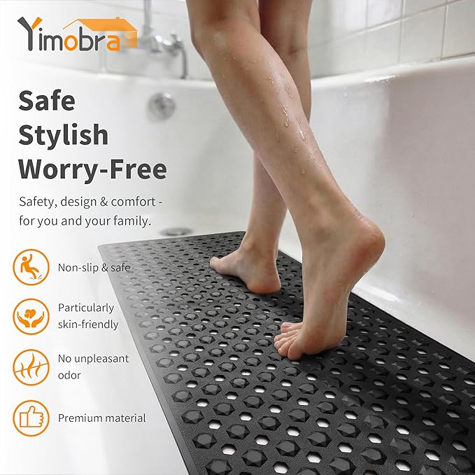 Yimobra Bath Tub Mat Non Slip, 34.5"x15.5" Long Shower Mat, Machine Washable Bathmat with Drain Holes and Suction Cups, Soft on Feet, Bathroom Essentials, Black