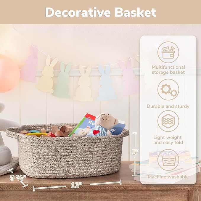 CHICVITA Storage Basket for Gifts, Small Gift Basket for Nursery Toy Organizer, Decorative Cotton Rope Baskets with Handles for Shelves, Closet, 13 x 9.8 x 5 inches, Brown