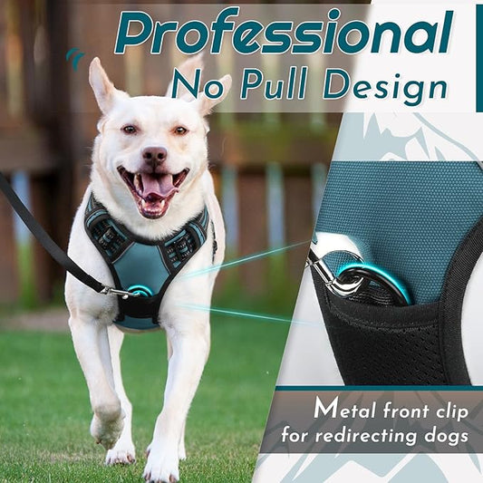 Eagloo Dog Harness for Large Dogs, No Pull Service Vest with Reflective Strips and Control Handle, Adjustable and Comfortable for Easy Walking, No Choke Pet Harness with 2 Metal Rings, Dark Green, L