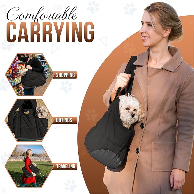 NoblePup Plush Dog Purse Carrier for Small Dogs, Soft Dog Tote Bag with Safety Harness Clip, Cozy Pet Carrier for Dogs Under 15 lbs, Comfortable Dog Shoulder Carrier for Travel, Black