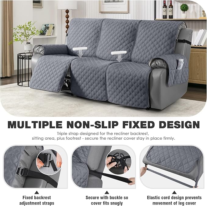 TAOCOCO 100% Waterproof Recliner Couch Covers, Recliner Sofa Covers with Leg Straps, 1-Piece Washable Reclining Sofa Cover with Pocket Couch Protector for Pets Kids(3 Seater, Smoke Gray)