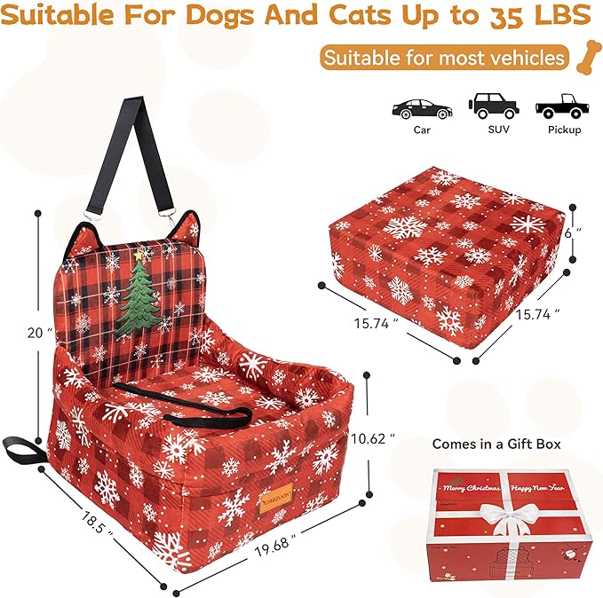 CABZOON Christmas Dog Car Seat for Small/Medium Dogs Up to 35lbs,Elevated Cushion Fits in Front/Back Seat,Travel Safety Per Car Bed with Washable Removable Cover, Storage 2 Pockets Christmas Tree