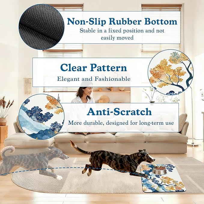 Japanese Wave Tree Dog Food Mat–Absorbent Quick Dry Feeding Placemat for Food and Water Bowls, Non Slip Rubber Backing, Waterproof Pet Supplies for Mess-Free Eating 16"x24"
