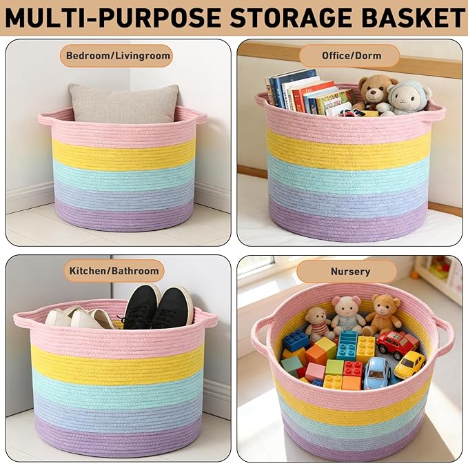 65L Extra Large Woven Cotton Rope Blanket Basket with Handles, Laundry Hamper Storage Bin for Pillows, Comforters,Clothes, Toys, Nursery, Bedroom and Living Room Organization,Colorful