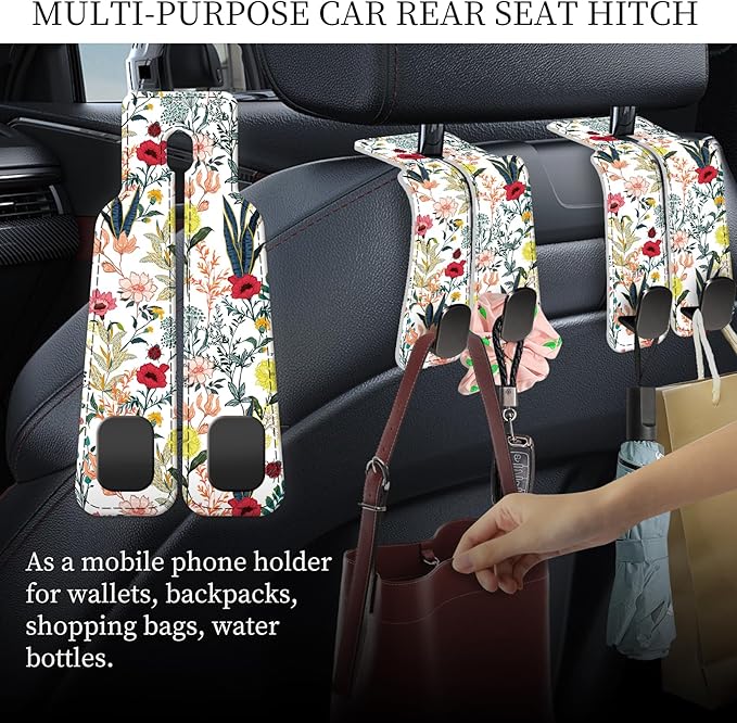 PU Leather Car Seat Hook, Storage Headrest Hanger, Cute Car Backseat Organizer, Car Hooks For Purses and Bags Colorful Wildflowers White