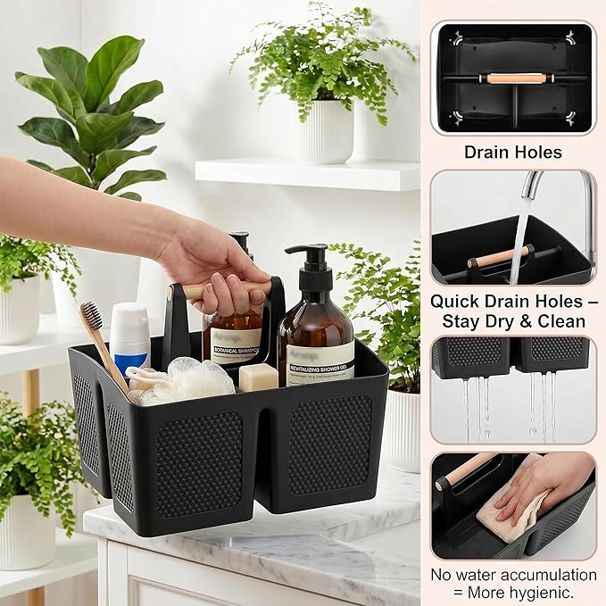 Haundry Plastic Shower Caddy with Wooden Handle, Portable 3-Compartment Bathroom Organizer Basket with Drainage Holes, Quick Dry Shower Basket for Dorm, College, Cleaning Supplies