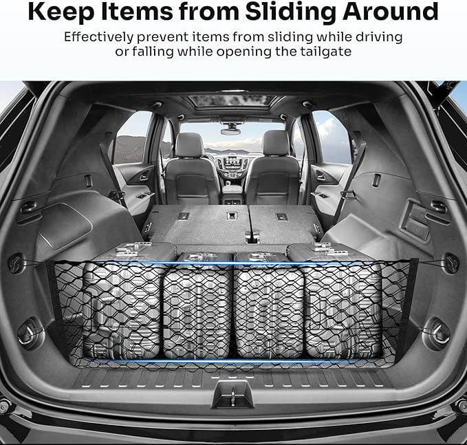 Trunk Cargo Net for 2018-2025 2026 Chevy Equinox & GMC Terrain Accessories Envelope Style Mesh Trunk Net Organizer and Storage Stretchable Elastic Nylon Rear Cargo Netting with Hooks