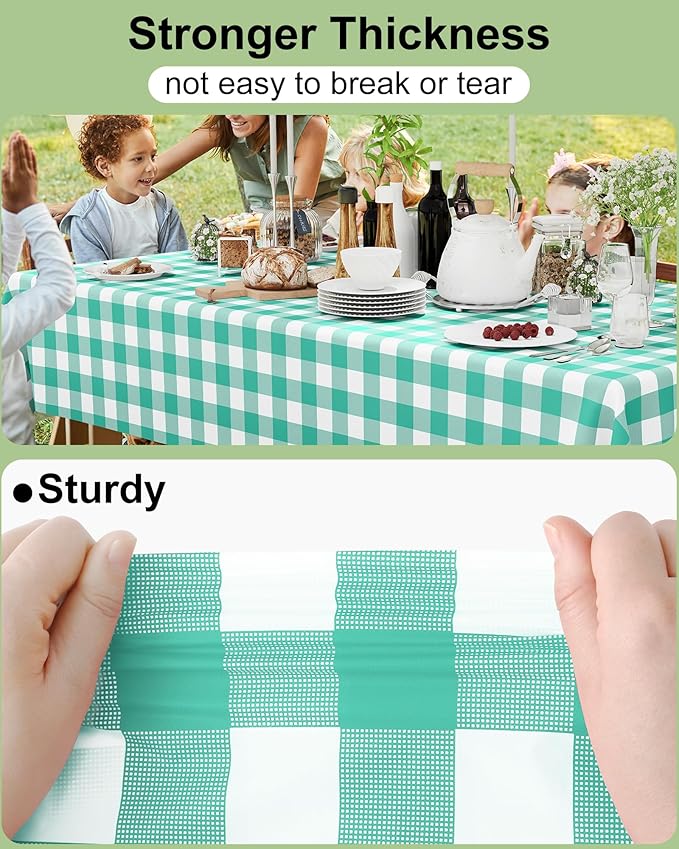 Smiry 20 Packs Gingham Disposable Table Cloth, 54 x 108 Inch Waterproof Plastic Tablecloth, Rectangle Teal and White Checkered Table Covers for Picnic, Birthday, Party