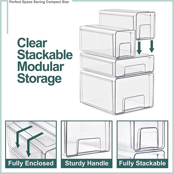 Sorbus 1 Medium & 2 Small Clear Stackable Storage Drawers, Plastic Organizer Bins with Handles, Pull-Out Stackable Drawers for Bathroom Closet, Medicine, Cabinet, Pantry Storage, Baby Bottle Organizer