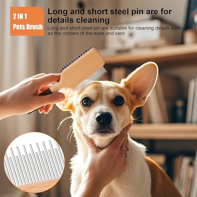 GROOMAGE 2 in 1 Pin and Boar Bristle Brush for Dogs & Cats, Shedding Grooming Dog Brush for Short Haired Dogs, Cats, Pets with Beech Wood Rubber Handle