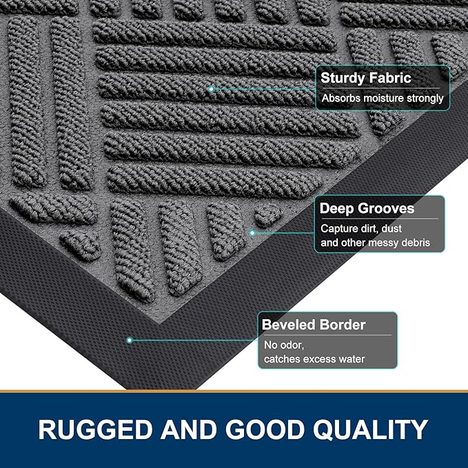Smiry Front Door Mat Outside Entrance, Heavy Duty Outdoor Indoor Natural Rubber Doormat, Non Slip, Trap Dirt and Moisture, Easy Clean, Low Profile Patio Porch Entryway Mat, 29.5x17, Grey