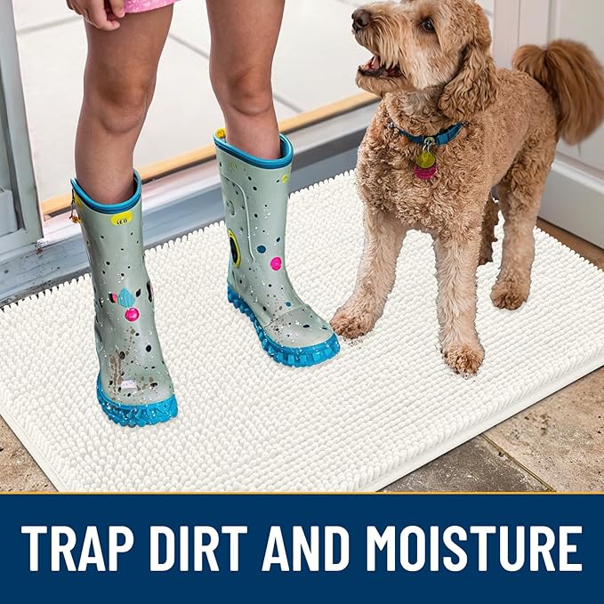 Smiry Dog Door Mat for Muddy Paws 70x24, Absorbs Moisture and Dirt Doormat, Non-Slip Washable Quick Dry Chenille Front Door Mat Indoor Entrance, Entryway Carpet for Inside Floor, Ivory