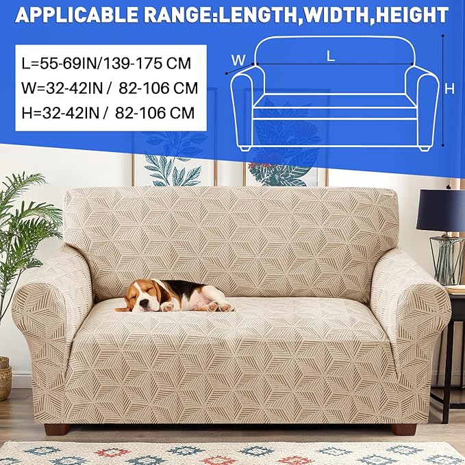 YEMYHOM 1 Piece Stretch Couch Covers for 2 Cushion Couch, Jacquard Loveseat Cover with Non-Slip Elastic Bottom, Thickened Slipcover Furniture Protector for Dogs Pets (Medium, Khaki）
