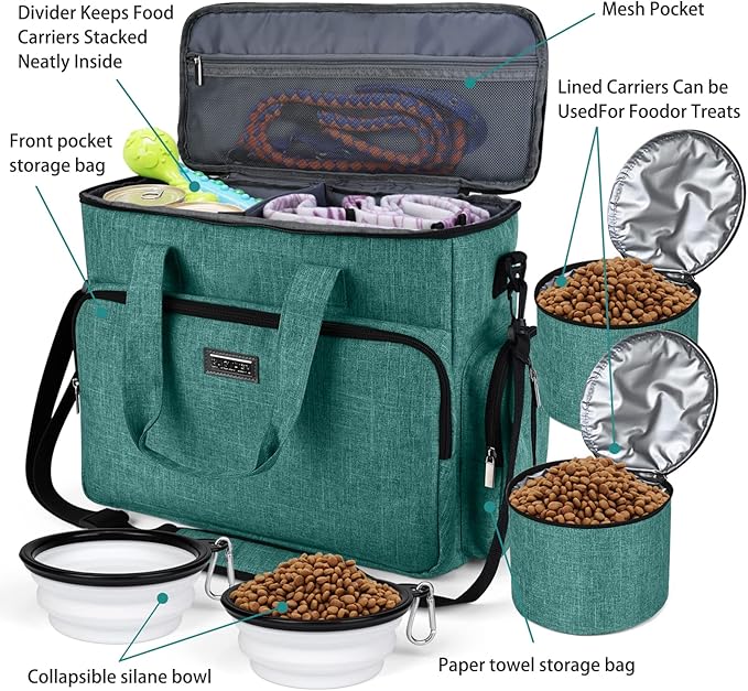 BAGLHER Dog Travel Bag, Airline Approved Pet Tote Organizer with Multi-Function Pockets, 2 X Food Storage Containers and 2 X Collapsible Bowls, Perfect Weekend Pet Travel Set for Dog, Cat Green