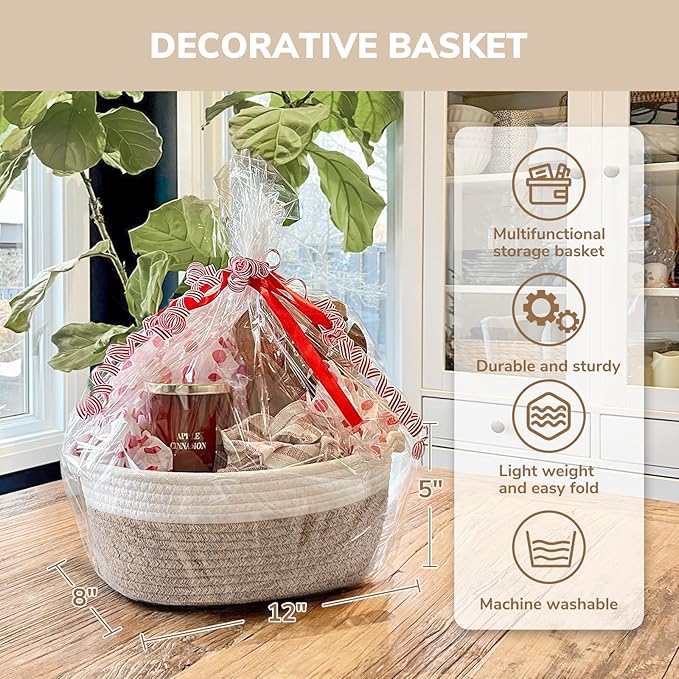 CHICVITA Gift Basket Empty to Fill, Easter Baskets for Gifts Empty, Small Basket with Bags & Ribbon, Dog Toy Storage, 12"x 8"x 5", Brown