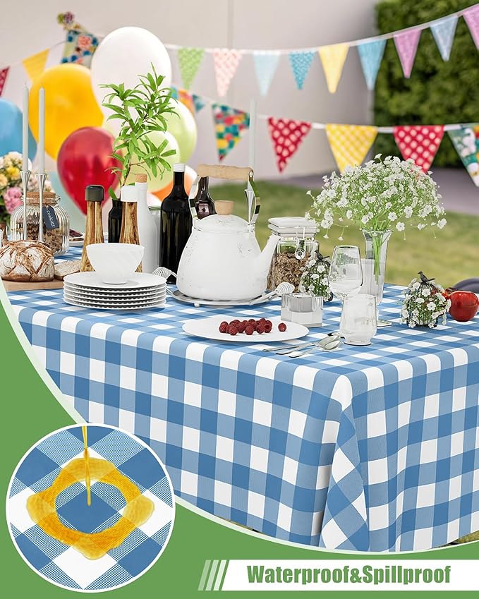 Smiry 8 Packs Gingham Disposable Table Cloth, 54 x 108 Inch Waterproof Plastic Tablecloth, Rectangle Aqua and White Checkered Table Covers for Picnic, Birthday, Party