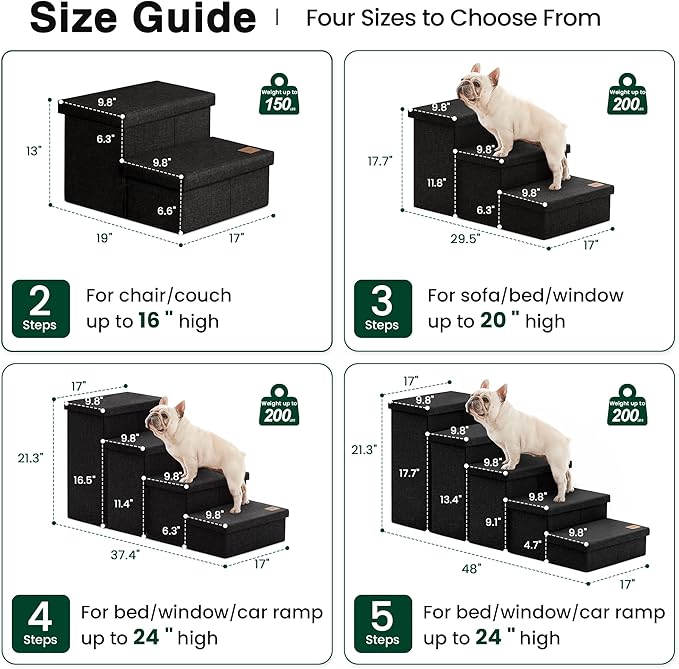 Love's cabin Dog Stairs with Storage 13" H,Foldable Pet Stairs for Small Medium or Large Dogs,Cat Puppy Steps Ramp with Zip up to 150 lbs(Black,2 Steps no Condo)