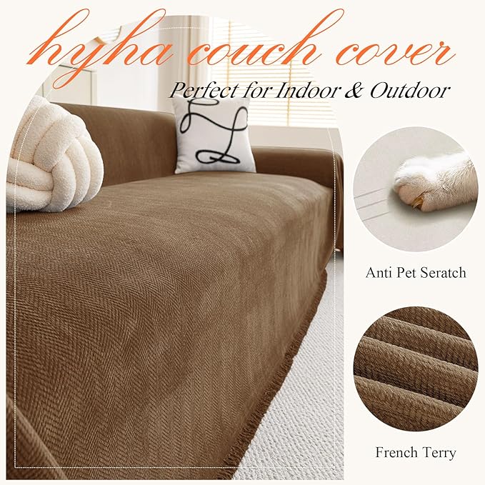 hyha Couch Cover for Dogs, Boho Sofa Covers for 3 Cushion Couch Washable, Chenille Sofa Slipcover for Pets, Soft Loveseat Sectional Couch Throw Blankets with Tassels (Chocolate, 88.5x134 Inch)