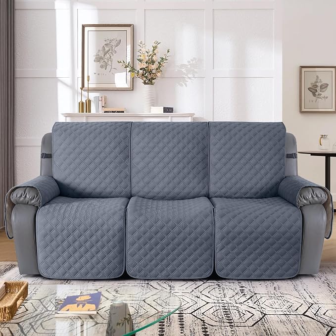 TAOCOCO 100% Waterproof Recliner Couch Covers, Recliner Sofa Covers with Leg Straps, 1-Piece Washable Reclining Sofa Cover with Pocket Couch Protector for Pets Kids(3 Seater, Bluish Grey)