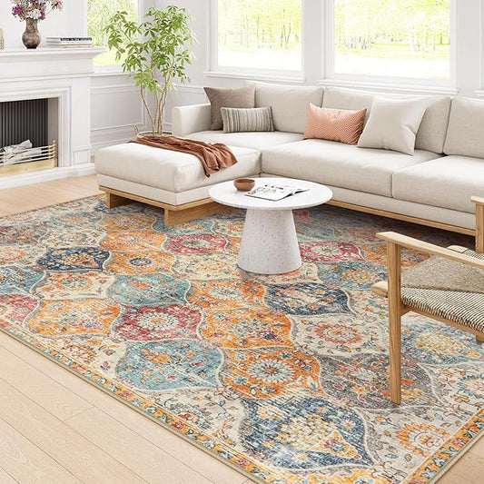Lahome Moroccan Washable Area Rugs 8x10, 8x10 Rugs for Living Room Bedroom, Non Slip Low Pile Distressed Stain Resistant Rug for Kids Pets High Traffic Areas Elise, Burnt Orange