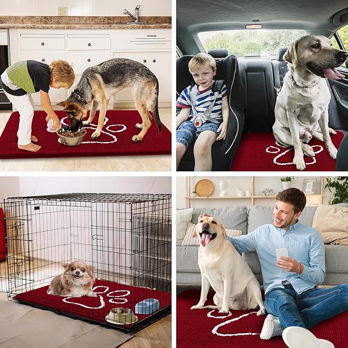 Smiry Dog Door Mat for Muddy Paws, Absorbent Dirt Trapper Non Slip Quick Dry Washable Chenille Mat for Mud Dogs, Entry Rug for Indoor and Outdoor (48x30 Inches, Red and White)