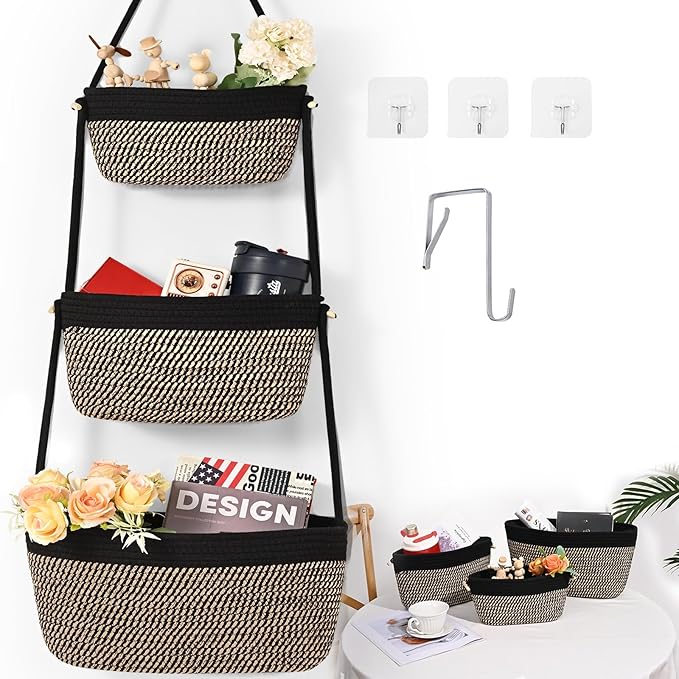 Hanging Storage Baskets, Over The Door Basket, Cotton Wall Baskets Storage, Hanging Door Basket with 4 Hooks