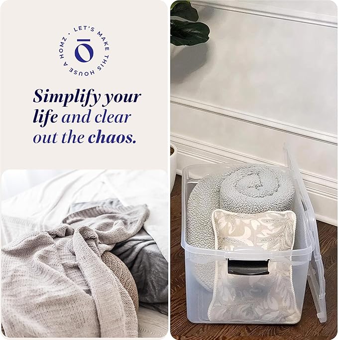 HOMZ 2-Pack Latching Lid, Large Clear Plastic Storage Bins with Lids, 66 Quart, Gray Latch - Stackable Container Boxes for Home, Bathroom, and Office Organization