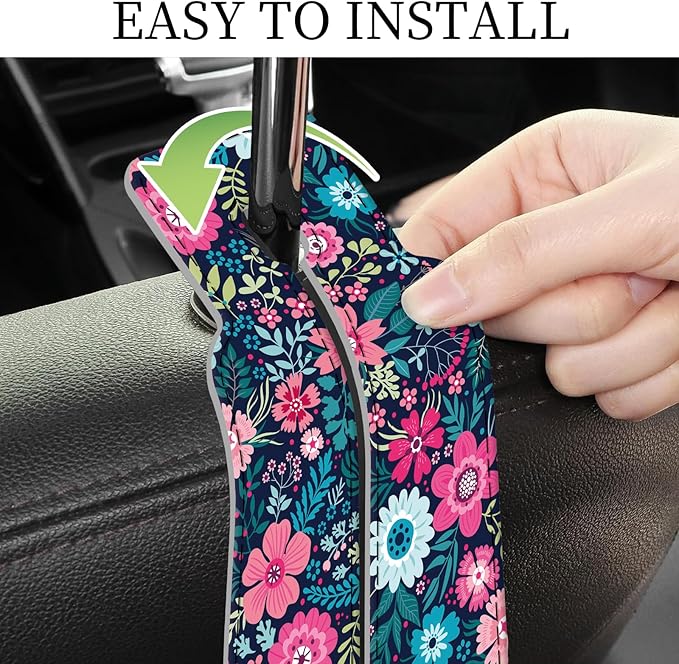 PU Leather Car Seat Hook, Storage Headrest Hanger, Cute Car Backseat Organizer, Car Hooks For Purses and Bags Pink Blue Flowers