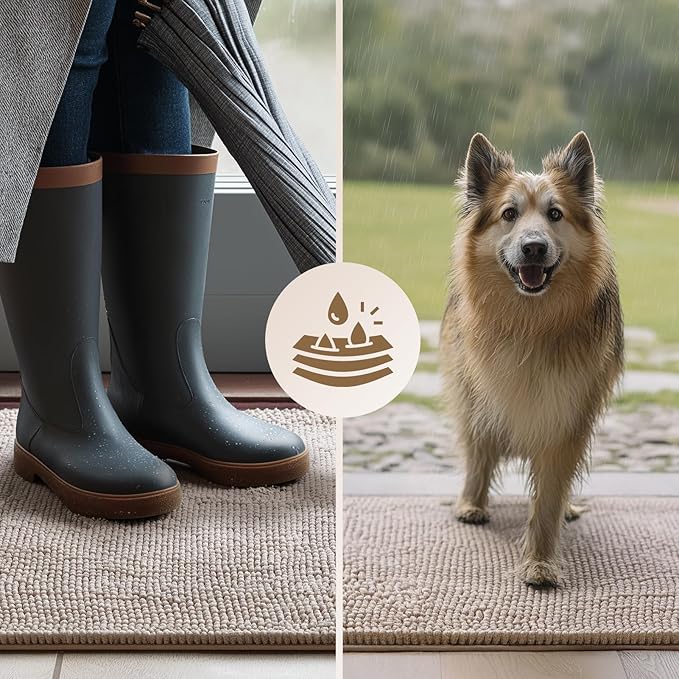 EHEYCIGA Super Absorbent Dog Door Mat for Muddy Paws 60x36 Inch Indoor, Front Doormat Outside Entrance, Quick Dry Chenille Washable Dog Crate Bed, Non-Slip Pet Rug Mud Mat Outdoor Entryway, Beige