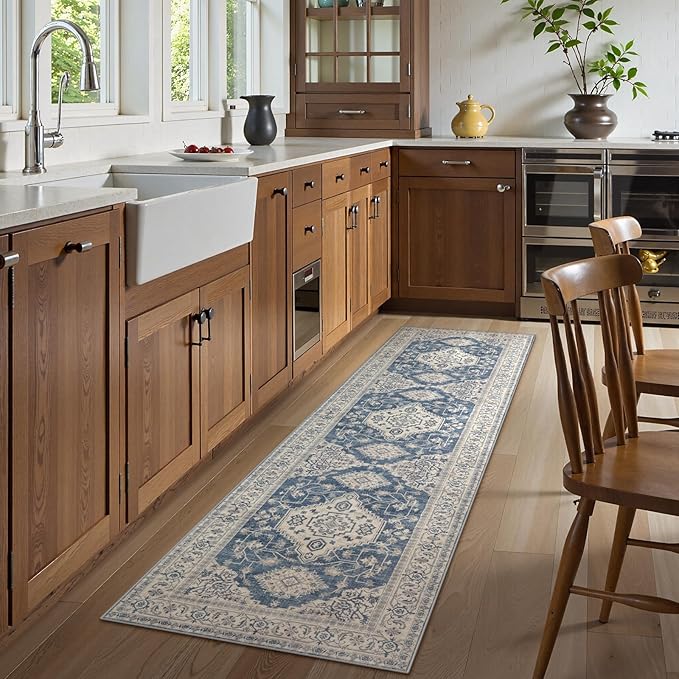 Lahome Oriental Washable Runner Rug Non Slip, 2x7 Rug Runners for Hallways Kitchen, Ultra-Thin Hallway Rugs for Laundry Room Bathroom Bedroom Eleanor, Blue