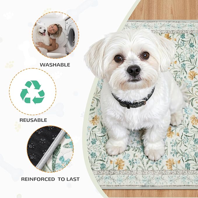 Lahome Washable Reusable Pee Pads for Dogs - Beige Botanical Floral 2 Pack Puppy Pads, Super Absorbent & Waterproof Training Mats for Crate & Floor - Leakproof with Non-Slip Backing (36"x48")