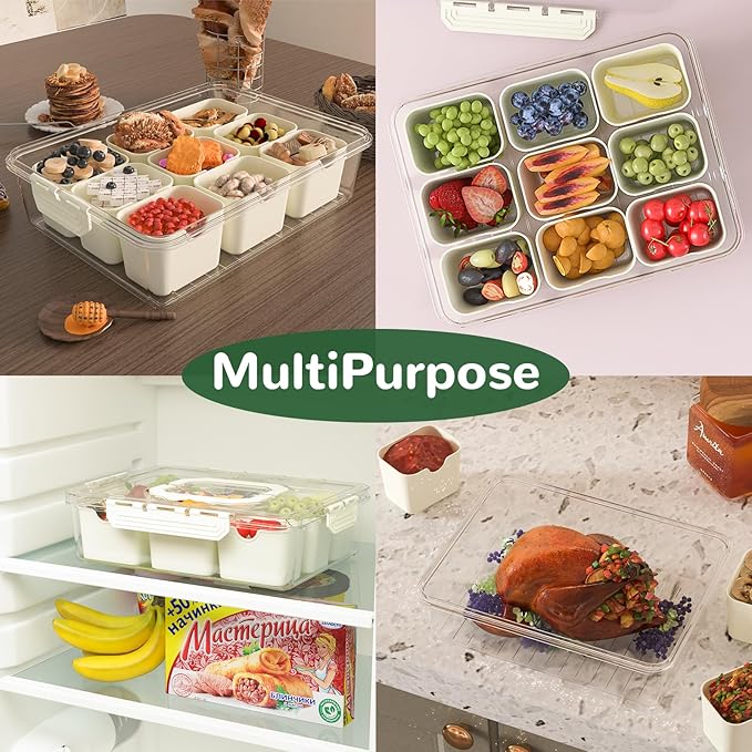 REBECAT Divided Serving Tray with Lid and Handles 9 Compartments Snack Box Container Charcuterie Organizer Snackle Box Container for Candy,Nuts，Fruits,Snacks,3 Pack,Beige
