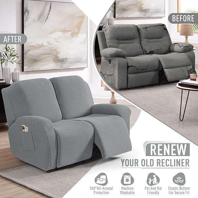 TAOCOCO Recliner Loveseat Slipcover, 6 Pieces Dual Recliner Sofa Covers for 2 Seat Dual Reclining Loveseat Couch, Stretch Soft Jacquard Pattern Furniture Protector with Elasticity (Dusty Grey)